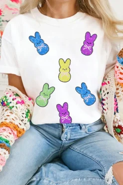 New Dear-Lover Sequin Bow Bunny Doll Patched Easter Graphic Tee White