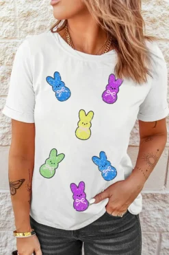 New Dear-Lover Sequin Bow Bunny Doll Patched Easter Graphic Tee White