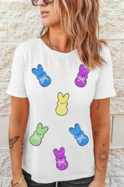 New Dear-Lover Sequin Bow Bunny Doll Patched Easter Graphic Tee White