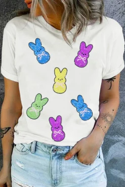 New Dear-Lover Sequin Bow Bunny Doll Patched Easter Graphic Tee White