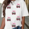 Clearance Dear-Lover Sequin Bow Strawberry Graphic Crew Neck T Shirt White