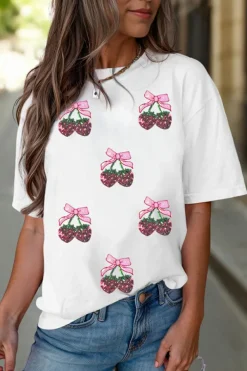 Clearance Dear-Lover Sequin Bow Strawberry Graphic Crew Neck T Shirt White
