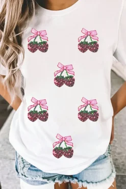 Clearance Dear-Lover Sequin Bow Strawberry Graphic Crew Neck T Shirt White