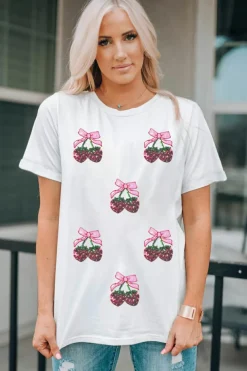 Clearance Dear-Lover Sequin Bow Strawberry Graphic Crew Neck T Shirt White