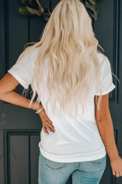 Clearance Dear-Lover Sequin Bow Strawberry Graphic Crew Neck T Shirt White