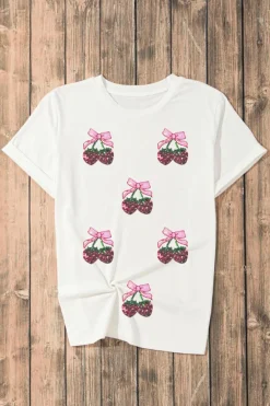 Clearance Dear-Lover Sequin Bow Strawberry Graphic Crew Neck T Shirt White