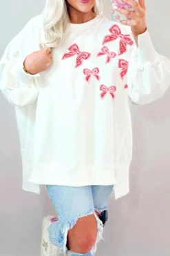 Sale Dear-Lover Sequin Bowknot High Low Oversize Sweatshirt White