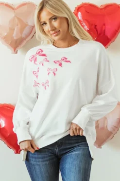 Sale Dear-Lover Sequin Bowknot High Low Oversize Sweatshirt White