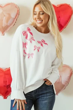Sale Dear-Lover Sequin Bowknot High Low Oversize Sweatshirt White