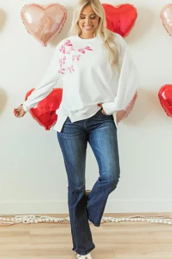 Sale Dear-Lover Sequin Bowknot High Low Oversize Sweatshirt White