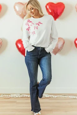 Sale Dear-Lover Sequin Bowknot High Low Oversize Sweatshirt White