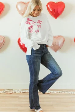 Sale Dear-Lover Sequin Bowknot High Low Oversize Sweatshirt White
