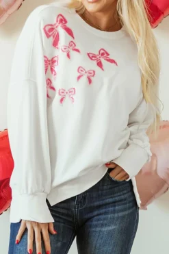 Sale Dear-Lover Sequin Bowknot High Low Oversize Sweatshirt White