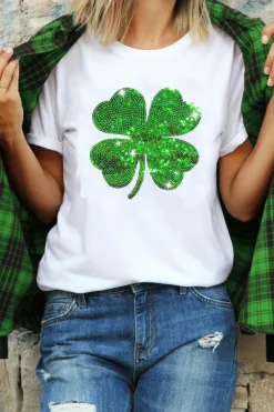 Online Dear-Lover Sequin Clover Patch Graphic St Patrick Fashion Tee White