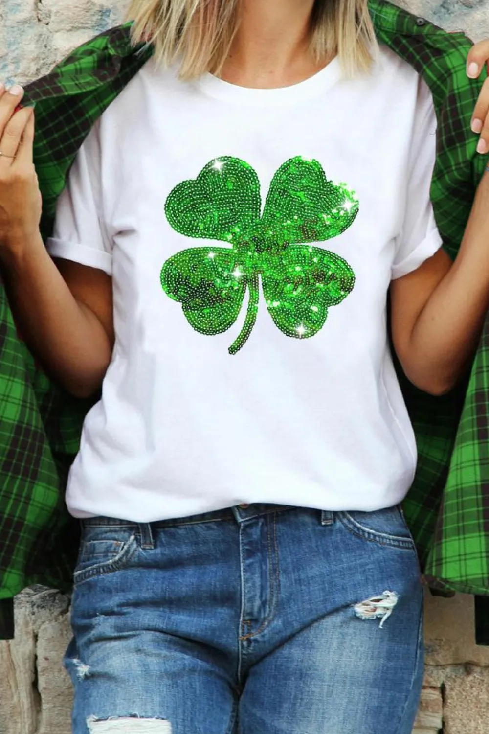 Online Dear-Lover Sequin Clover Patch Graphic St Patrick Fashion Tee White