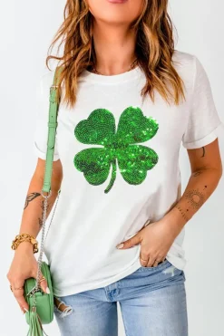 Online Dear-Lover Sequin Clover Patch Graphic St Patrick Fashion Tee White