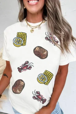 Discount Dear-Lover Sequin Crawfish Potato Lemon Corn Graphic Crewneck T Shirt White