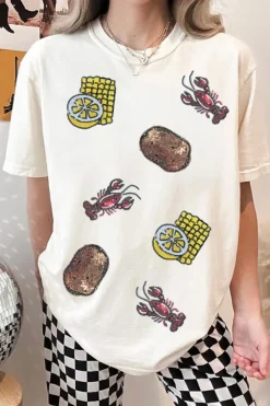 Discount Dear-Lover Sequin Crawfish Potato Lemon Corn Graphic Crewneck T Shirt White