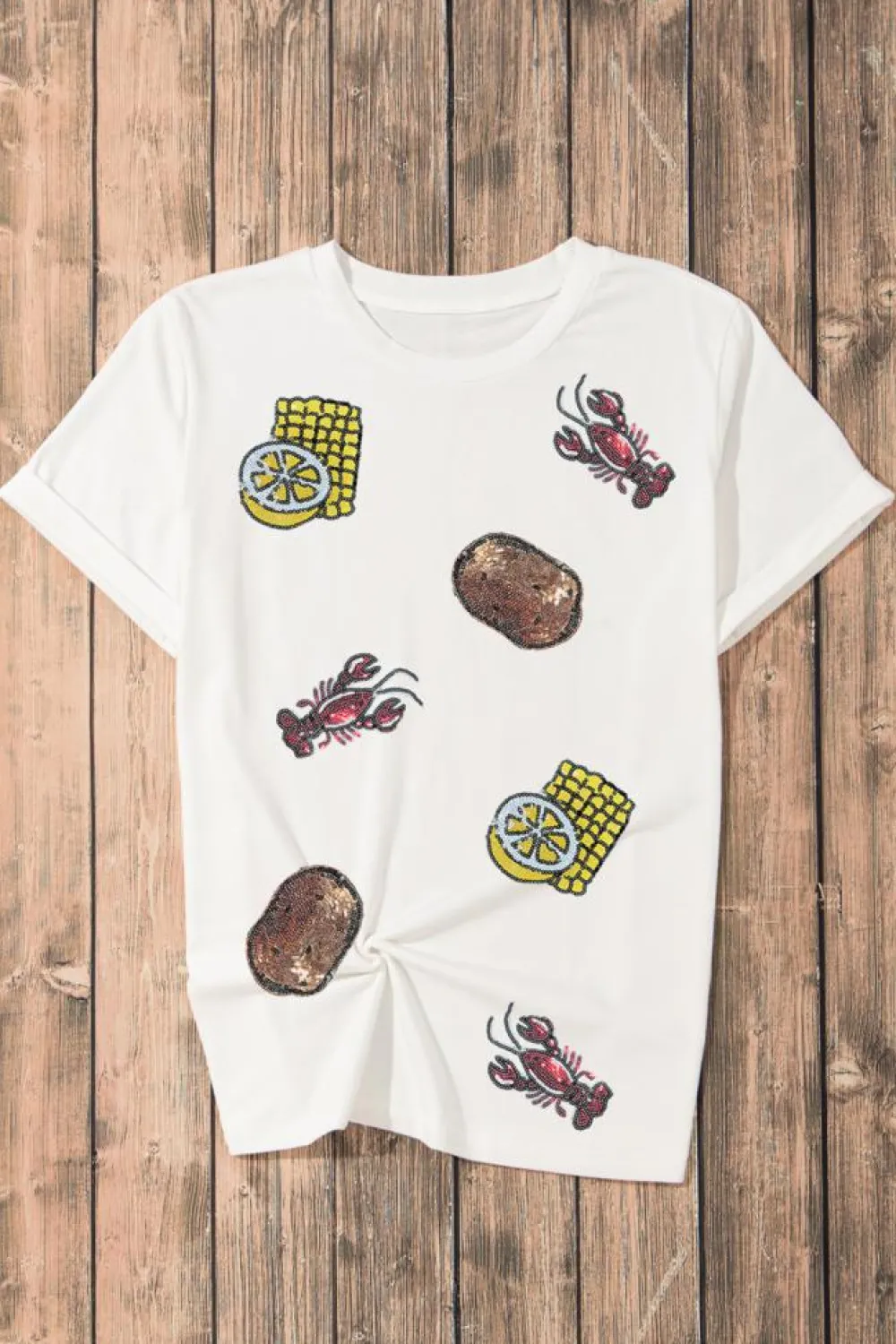 Discount Dear-Lover Sequin Crawfish Potato Lemon Corn Graphic Crewneck T Shirt White