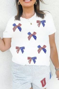 Outlet Dear-Lover Sequin Flag Bow Pattern Crew Neck Patriotic Tee White
