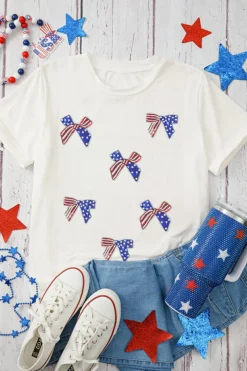 Outlet Dear-Lover Sequin Flag Bow Pattern Crew Neck Patriotic Tee White
