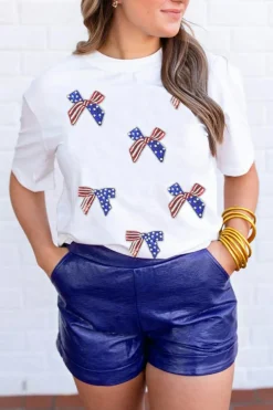 Outlet Dear-Lover Sequin Flag Bow Pattern Crew Neck Patriotic Tee White