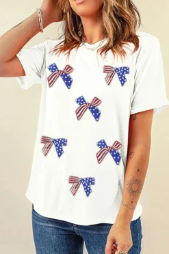 Outlet Dear-Lover Sequin Flag Bow Pattern Crew Neck Patriotic Tee White