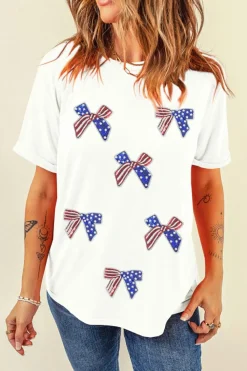 Outlet Dear-Lover Sequin Flag Bow Pattern Crew Neck Patriotic Tee White