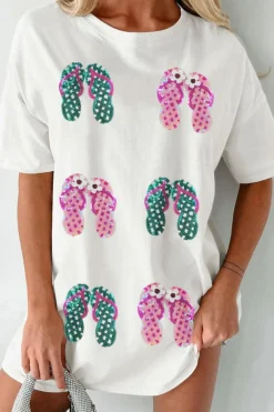 Discount Dear-Lover Sequin Flip Flops Graphic Tunic T Shirt White
