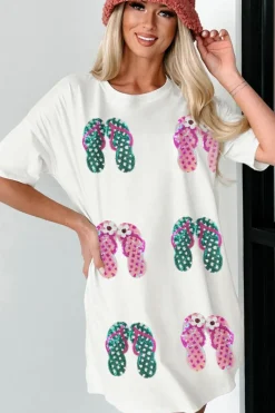 Discount Dear-Lover Sequin Flip Flops Graphic Tunic T Shirt White