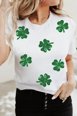 Clearance Dear-Lover Sequin Lucky Clover Graphic Crewneck Tee White