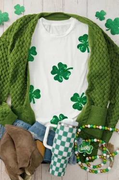 Clearance Dear-Lover Sequin Lucky Clover Graphic Crewneck Tee White