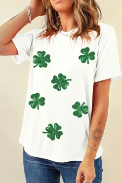 Clearance Dear-Lover Sequin Lucky Clover Graphic Crewneck Tee White