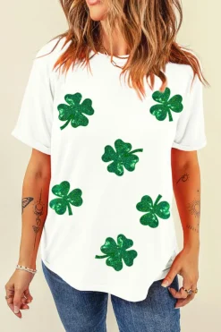 Clearance Dear-Lover Sequin Lucky Clover Graphic Crewneck Tee White