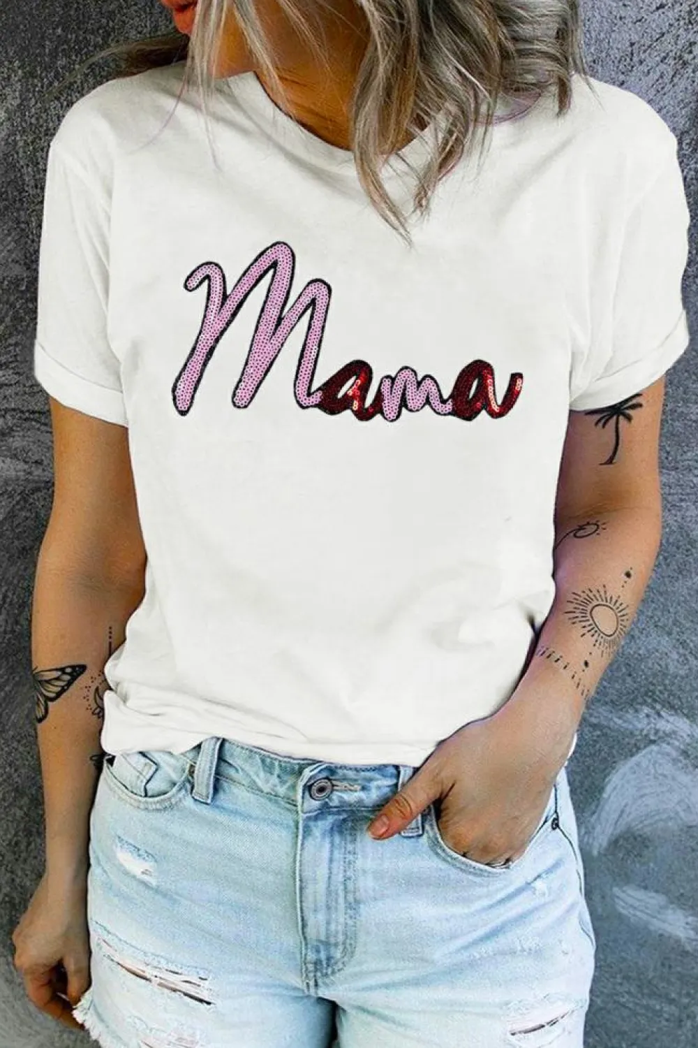 Discount Dear-Lover Sequin mama Graphic Crewneck T Shirt White
