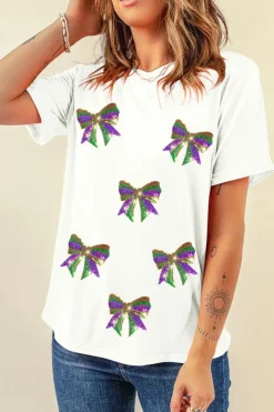 Outlet Dear-Lover Sequin Mardi Gras Bow Graphic Crewneck Tee White
