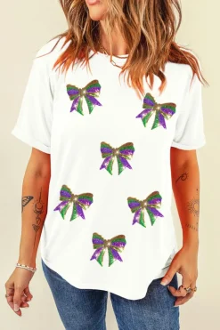 Outlet Dear-Lover Sequin Mardi Gras Bow Graphic Crewneck Tee White