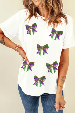 Outlet Dear-Lover Sequin Mardi Gras Bow Graphic Crewneck Tee White