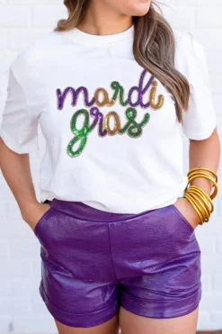 New Dear-Lover Sequin mardi gras Graphic T Shirt White