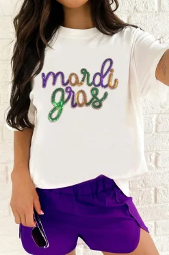 New Dear-Lover Sequin mardi gras Graphic T Shirt White