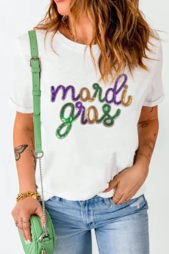 New Dear-Lover Sequin mardi gras Graphic T Shirt White