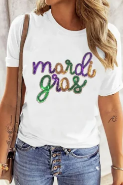 New Dear-Lover Sequin mardi gras Graphic T Shirt White