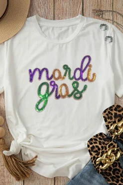 New Dear-Lover Sequin mardi gras Graphic T Shirt White