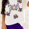 Clearance Dear-Lover Sequin Mardi Gras Pattern Graphic Crew Neck Tee White