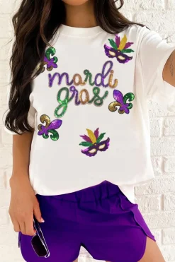 Clearance Dear-Lover Sequin Mardi Gras Pattern Graphic Crew Neck Tee White