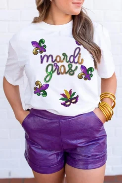 Clearance Dear-Lover Sequin Mardi Gras Pattern Graphic Crew Neck Tee White