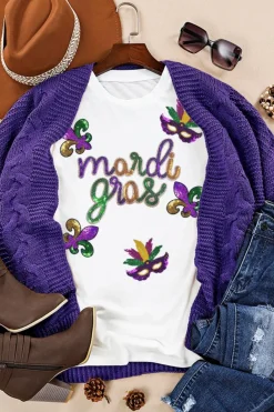 Clearance Dear-Lover Sequin Mardi Gras Pattern Graphic Crew Neck Tee White