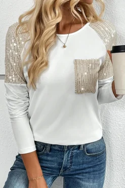 Hot Dear-Lover Sequin Patch Chest Pocket Raglan Sleeve Top White