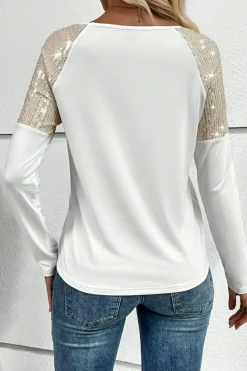 Hot Dear-Lover Sequin Patch Chest Pocket Raglan Sleeve Top White