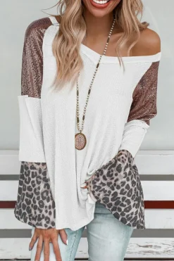 Sale Dear-Lover Sequin Patchwork Bell Sleeve V Neck Tunic Top White
